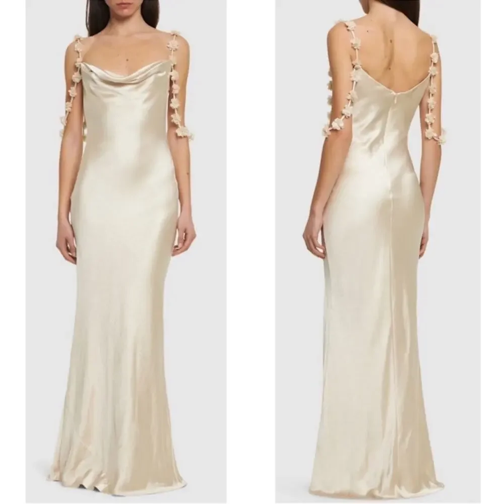 SELF-PORTRAIT Satin Flower Floral Champagne Off the Shoulder Maxi Dress Size 2 - Picture 2 of 13
